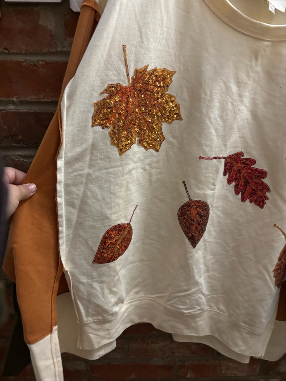 Fantastic Fawn Colorblock Sequin Fall Leaves Cotton Sweatshirt Oversized large - Picture 4 of 6
